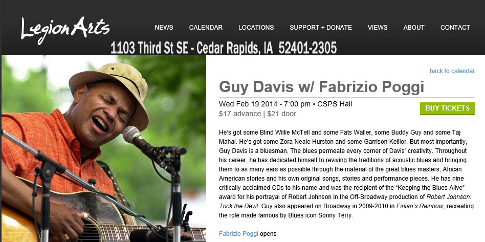 GUY DAVIS & FABRIZIO POGGI 2014 USA TOUR live at CSPS Legion Arts Cedar Rapids, Iowa